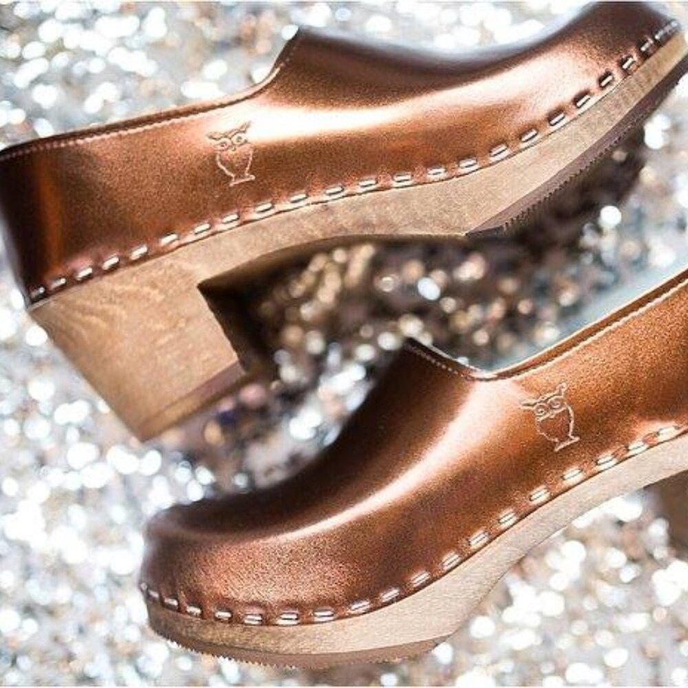 Owl Embossed Metallic Bronze Clog Mules